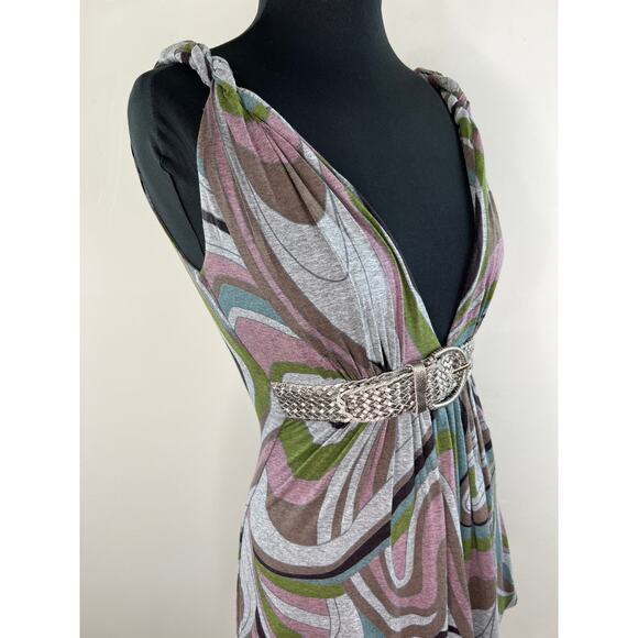 SKY Abstract Print Twist Shoulder Plunging V Neck Women's Belted Tunic Size M - Picture 2 of 7